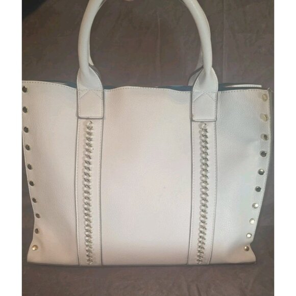 Kate Landry White Faux Pebbled Leather Gold Chain Studded Large Tote Bag. HL8 - Picture 3 of 7